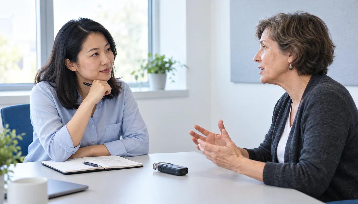 Two people listening and talking across a table, with a recorder between them.